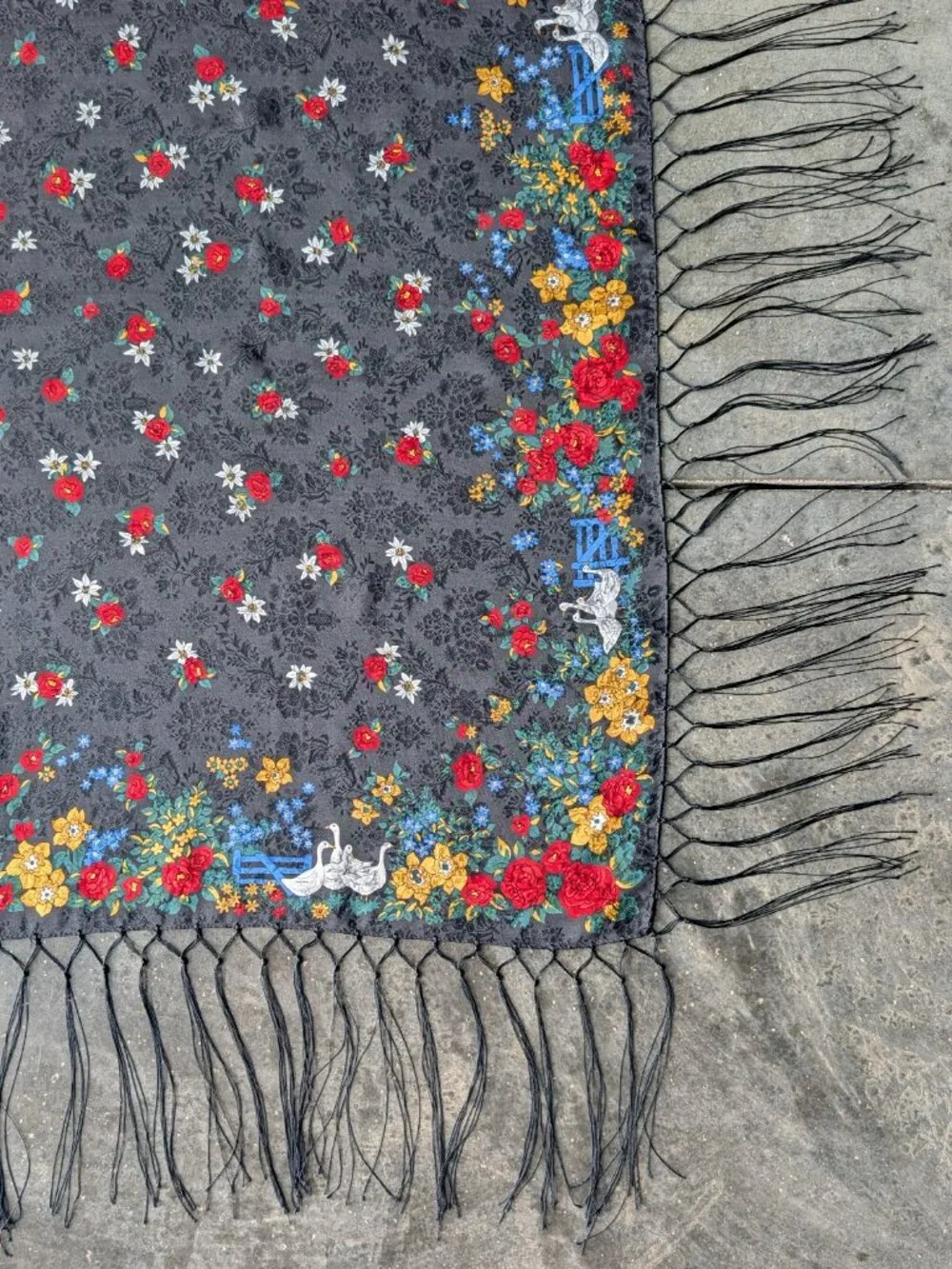 Vintage Silk Goose Scarf Black Floral Fringe Square Scarf